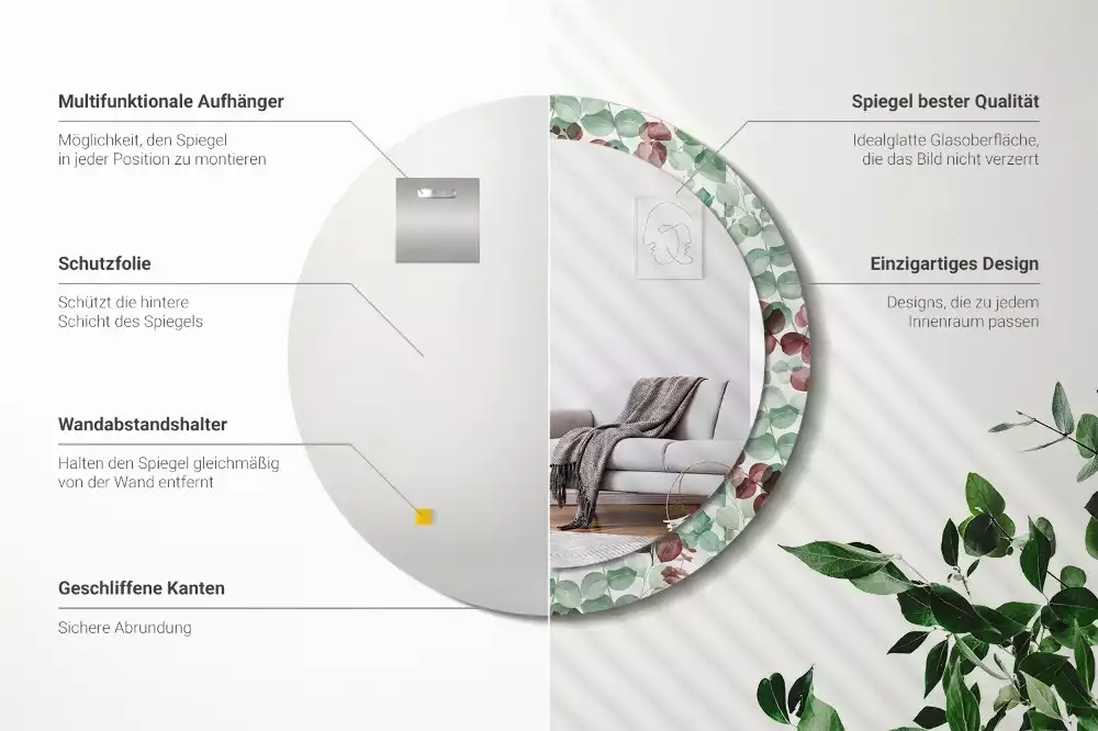 Oglindă rotundă ramă cu imprimeu Eucalipt