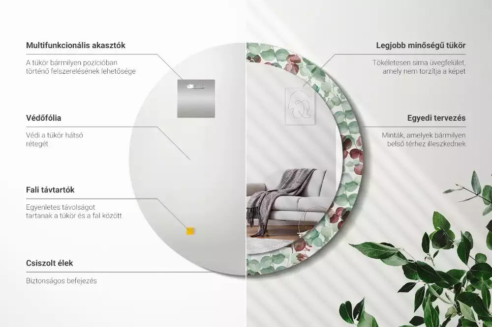 Oglindă rotundă ramă cu imprimeu Eucalipt