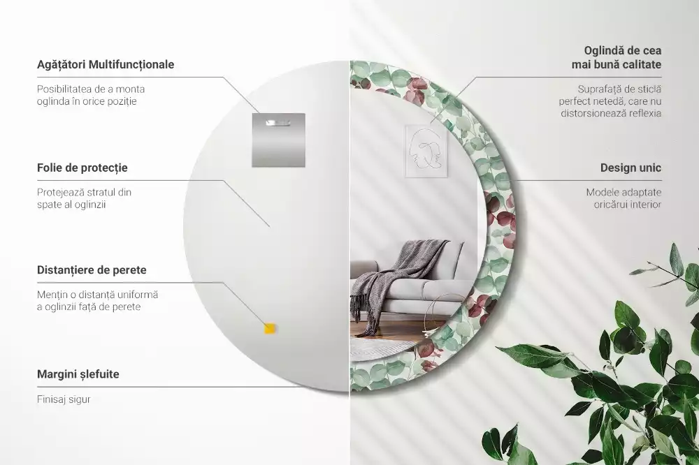 Oglindă rotundă ramă cu imprimeu Eucalipt