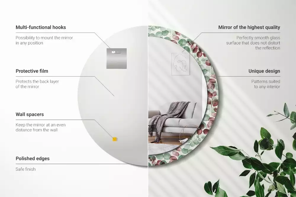 Oglindă rotundă ramă cu imprimeu Eucalipt