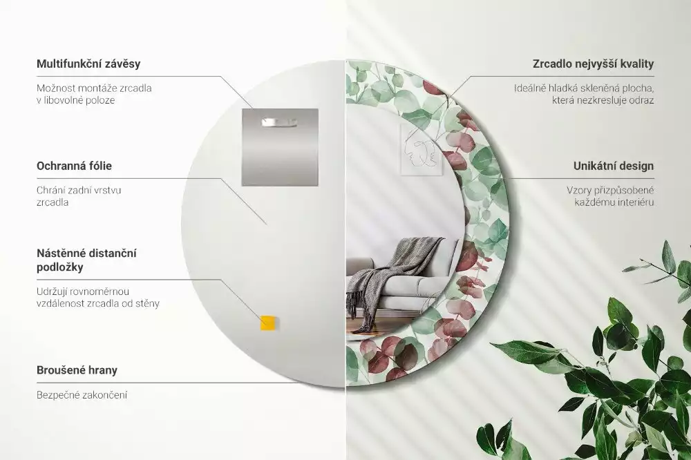 Oglindă rotundă ramă cu imprimeu Eucalipt