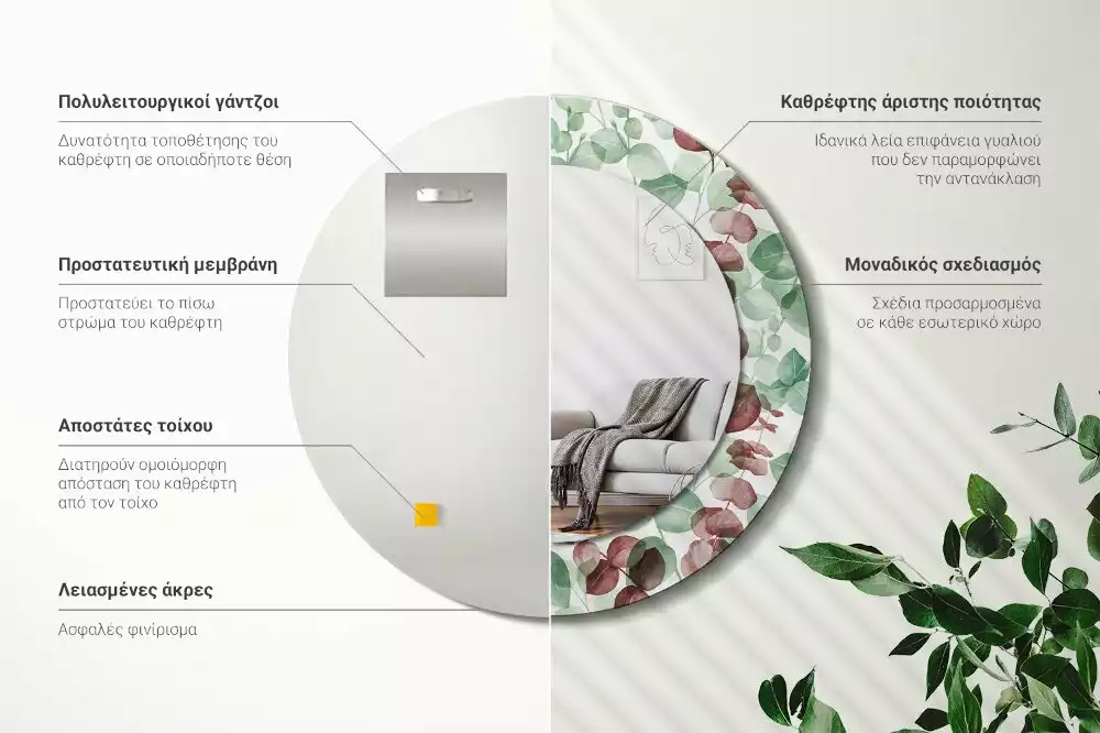 Oglindă rotundă ramă cu imprimeu Eucalipt