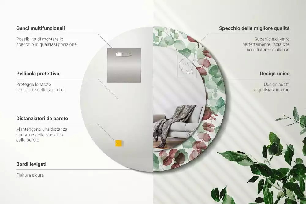 Oglindă rotundă ramă cu imprimeu Eucalipt