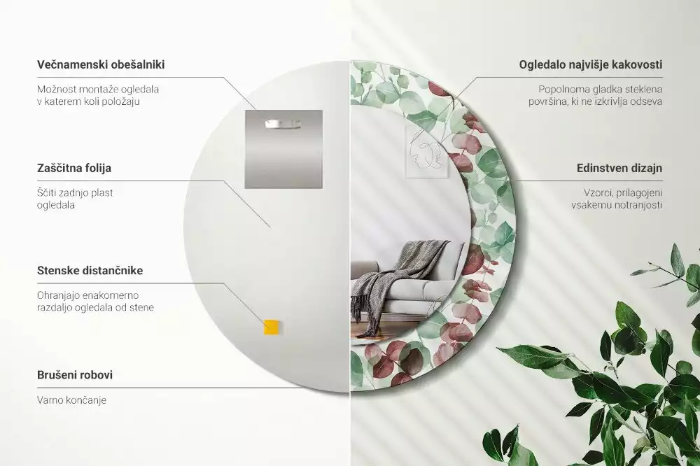Oglindă rotundă ramă cu imprimeu Eucalipt