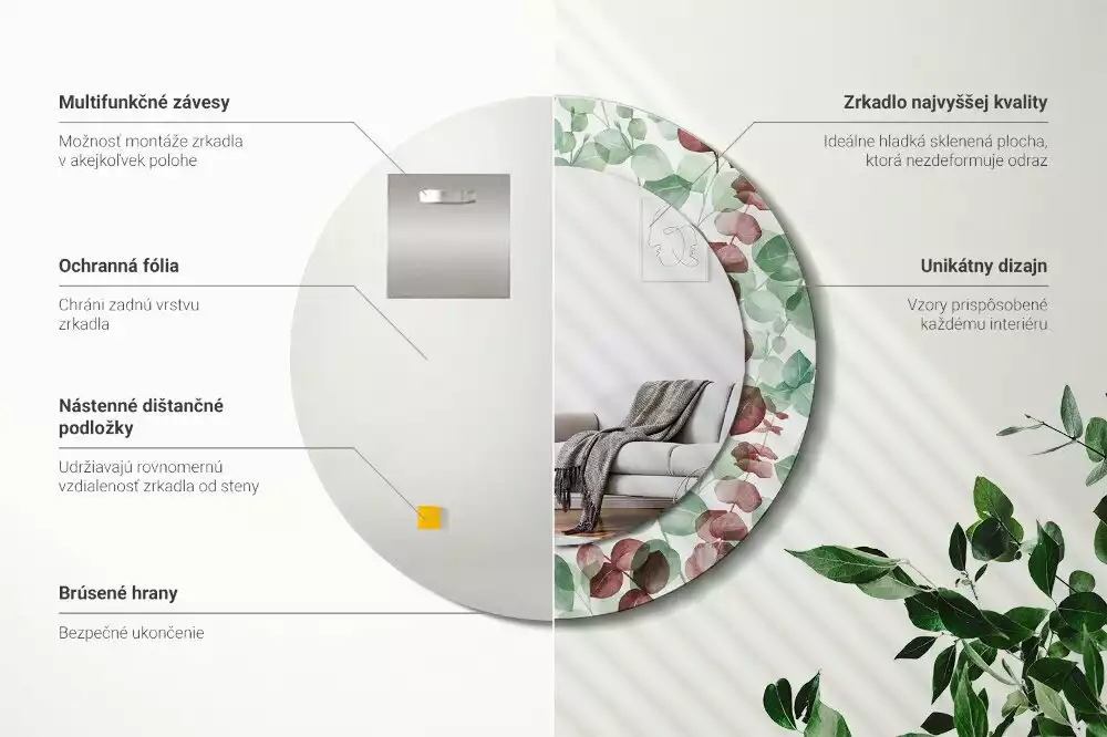 Oglindă rotundă ramă cu imprimeu Eucalipt