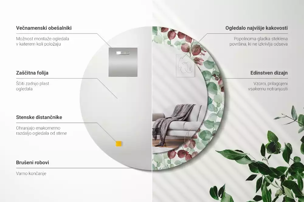 Oglindă rotundă ramă cu imprimeu Eucalipt