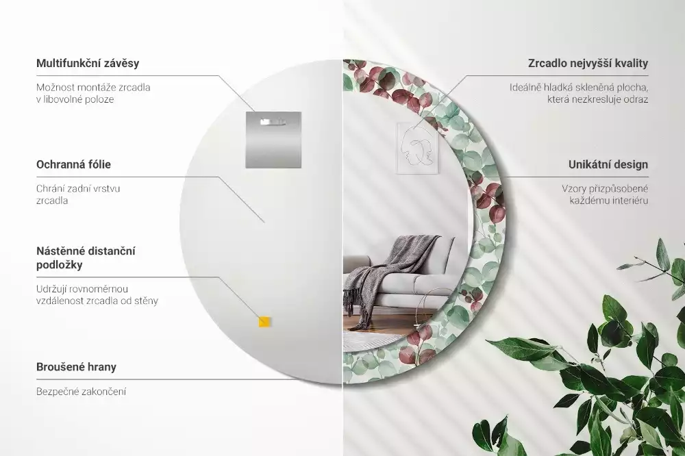 Oglindă rotundă ramă cu imprimeu Eucalipt