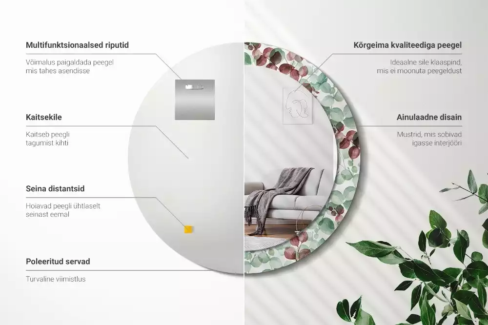 Oglindă rotundă ramă cu imprimeu Eucalipt