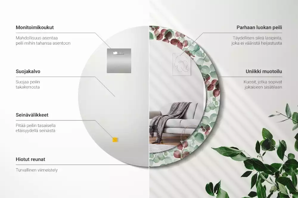 Oglindă rotundă ramă cu imprimeu Eucalipt