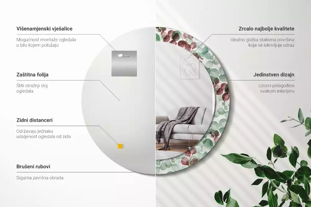 Oglindă rotundă ramă cu imprimeu Eucalipt