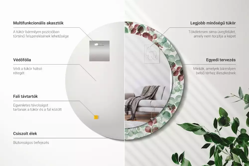 Oglindă rotundă ramă cu imprimeu Eucalipt