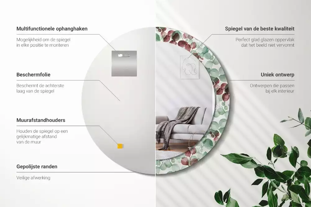 Oglindă rotundă ramă cu imprimeu Eucalipt