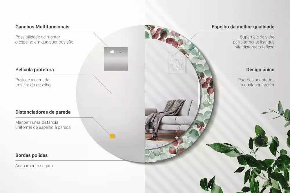 Oglindă rotundă ramă cu imprimeu Eucalipt