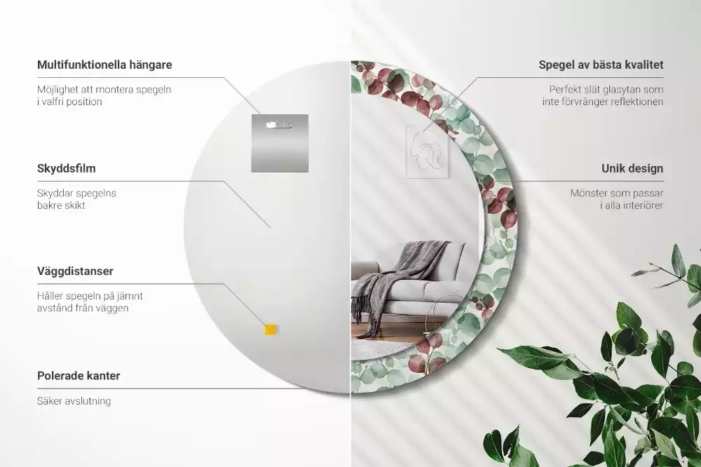 Oglindă rotundă ramă cu imprimeu Eucalipt