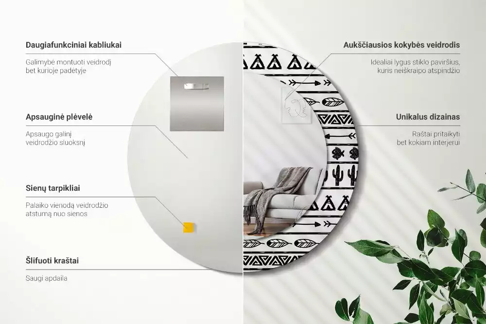 Oglindă rotundă imprimată Boho minimalist