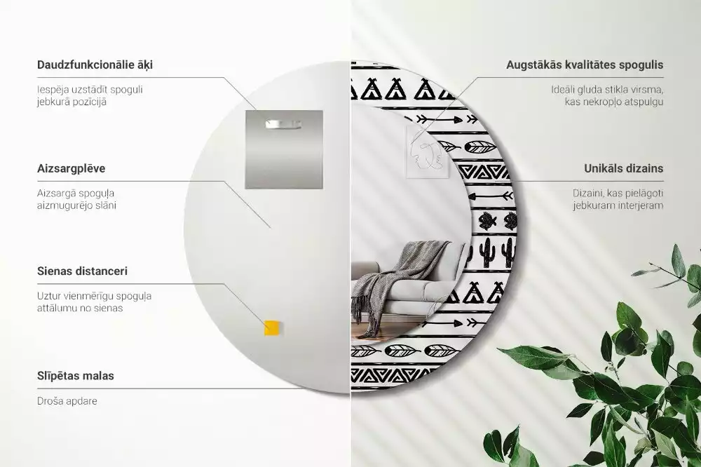 Oglindă rotundă imprimată Boho minimalist