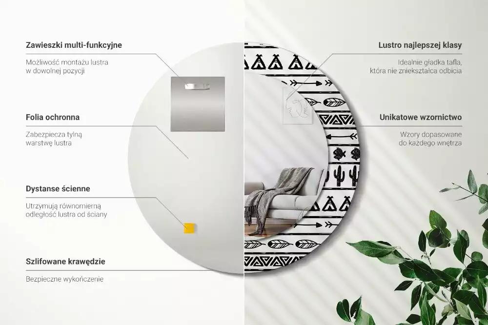 Oglindă rotundă imprimată Boho minimalist