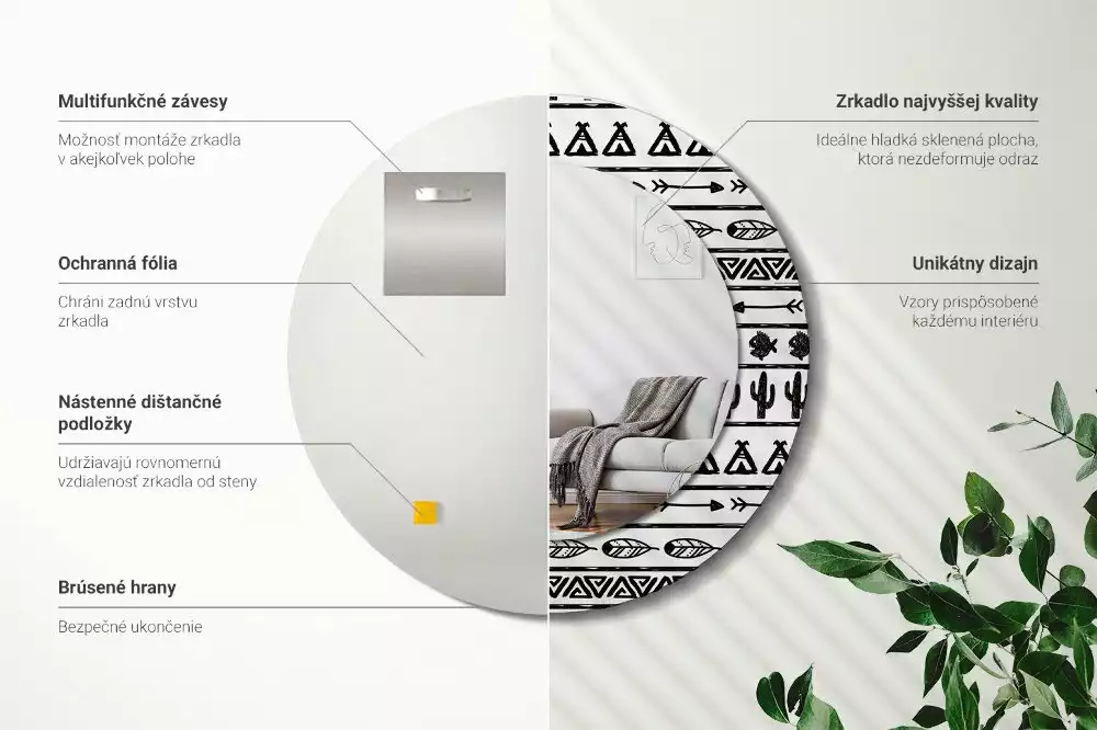 Oglindă rotundă imprimată Boho minimalist