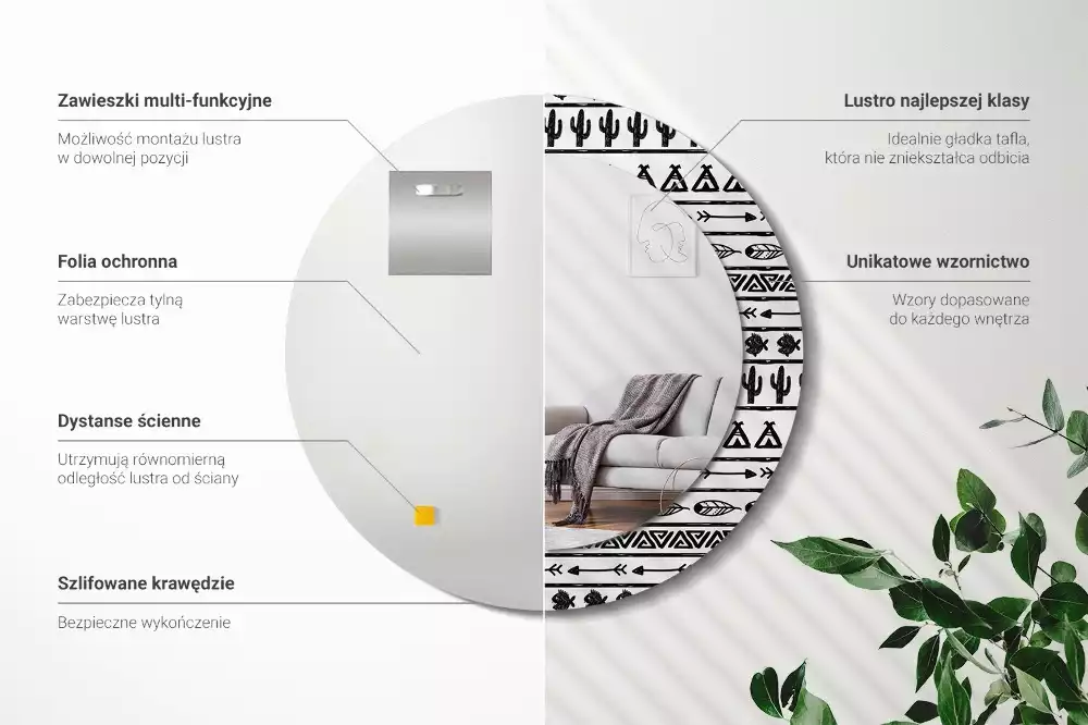 Oglindă rotundă imprimată Boho minimalist