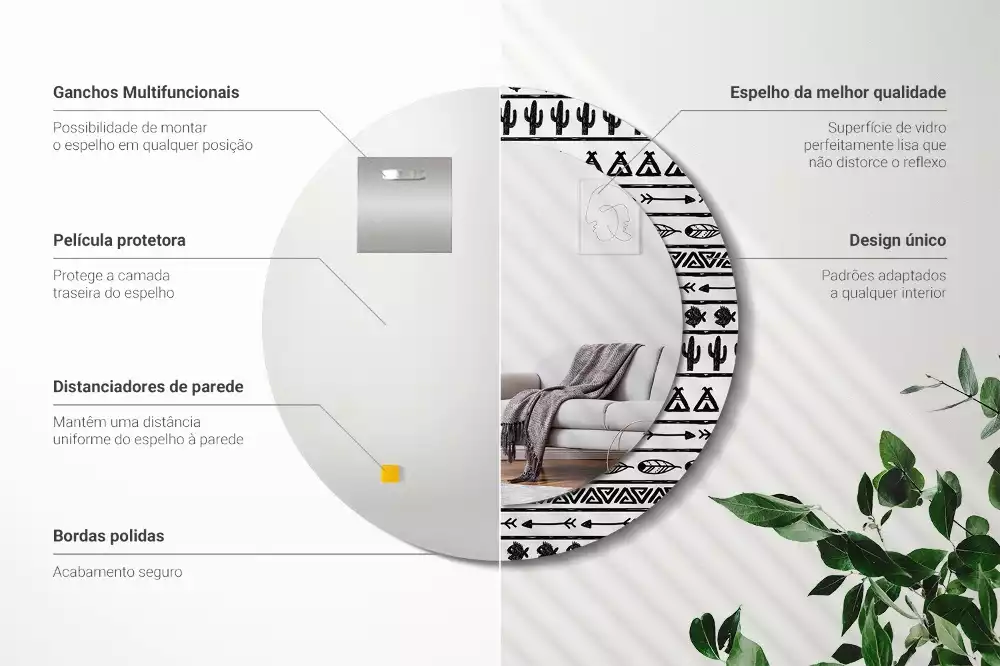 Oglindă rotundă imprimată Boho minimalist