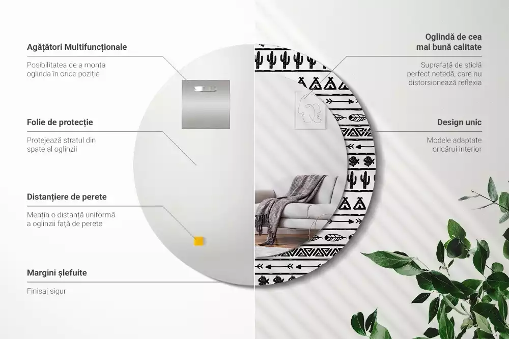 Oglindă rotundă imprimată Boho minimalist