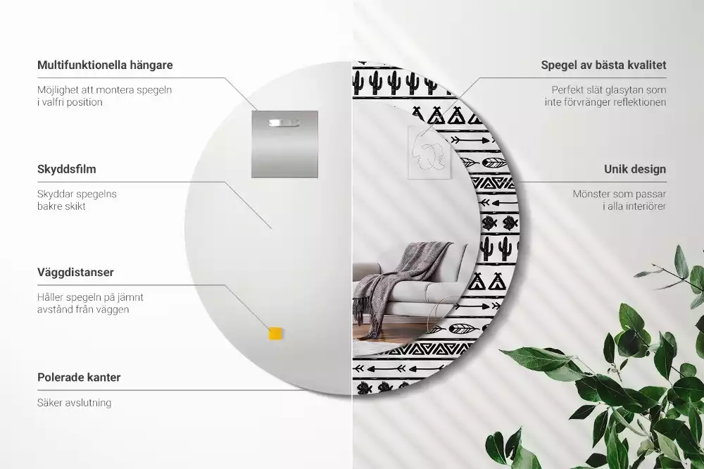 Oglindă rotundă imprimată Boho minimalist