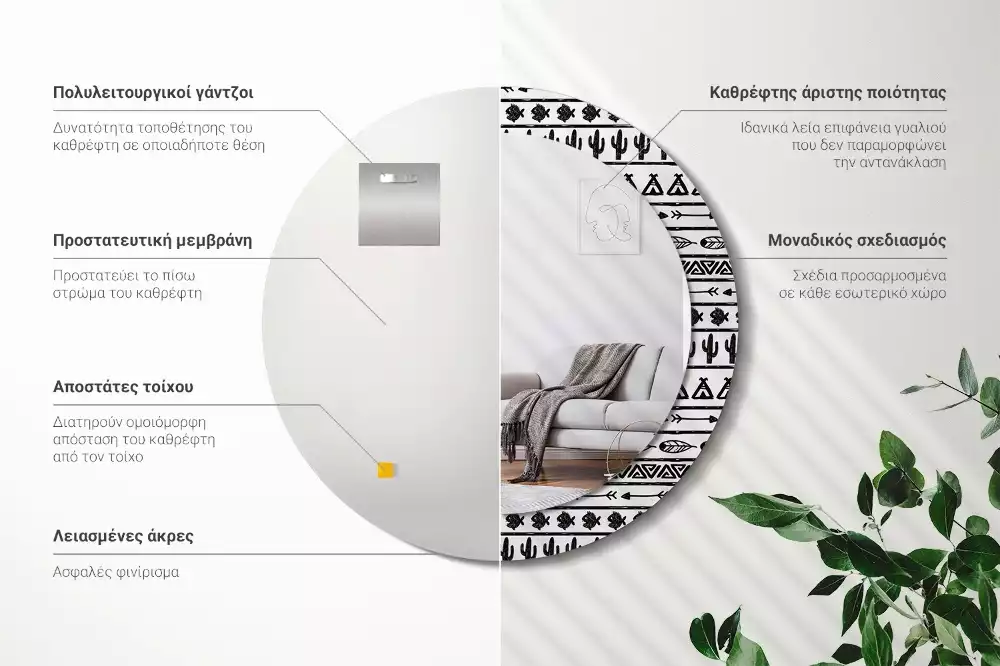 Oglindă rotundă imprimată Boho minimalist