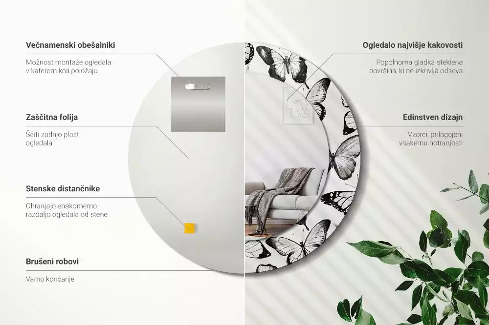 Oglindă cu decor rotundă Fluturi