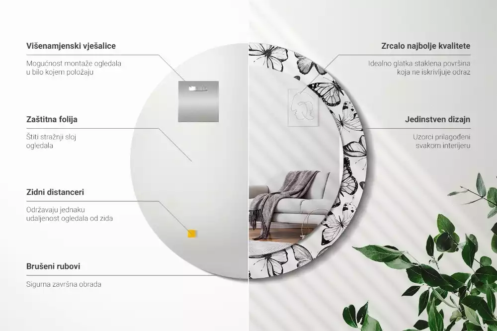 Oglindă cu decor rotundă Fluturi