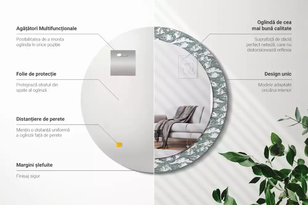 Oglindă rotundă imprimată Nori