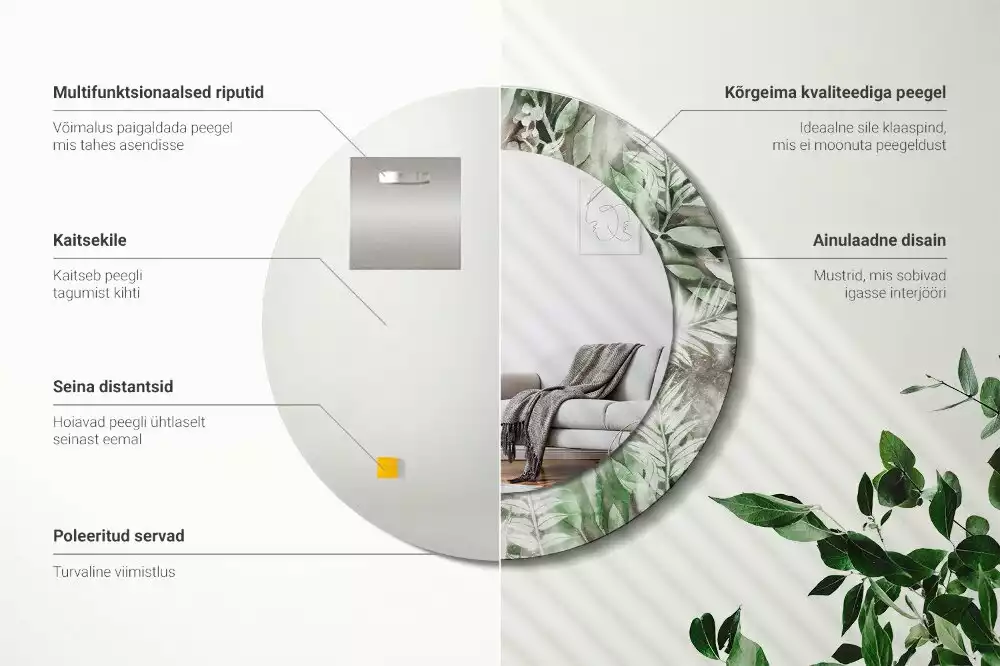 Oglindă rotundă ramă cu imprimeu Frunze acuarelă