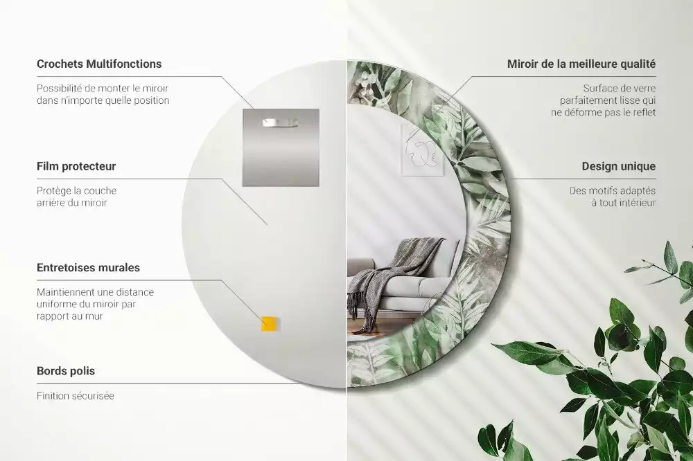 Oglindă rotundă ramă cu imprimeu Frunze acuarelă