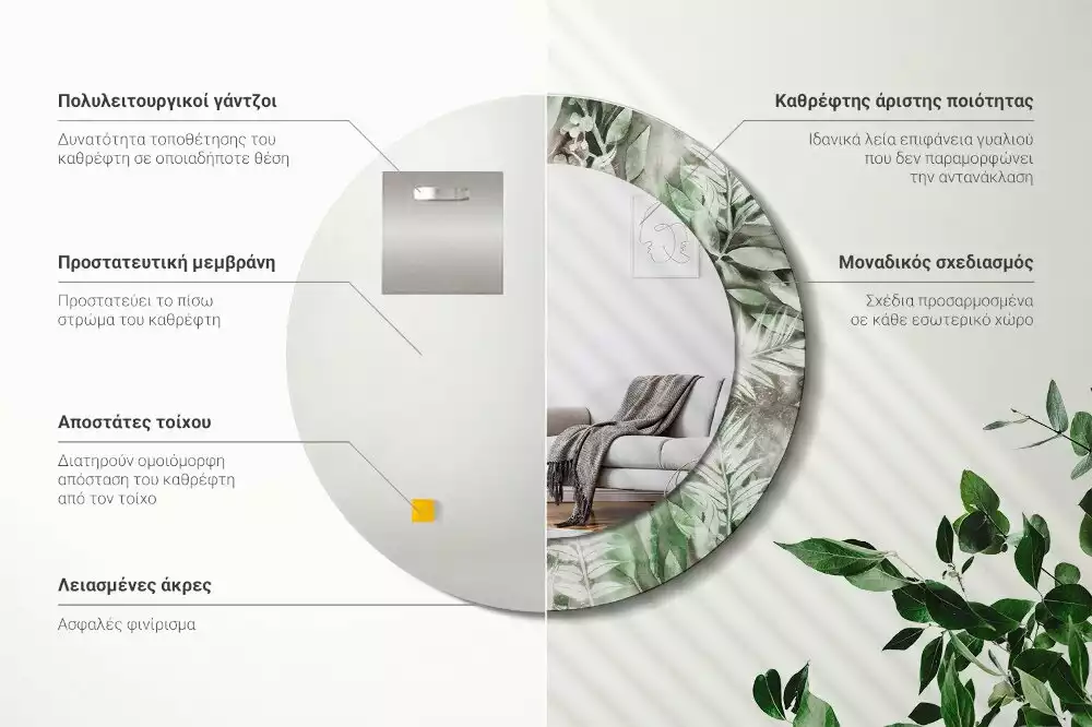 Oglindă rotundă ramă cu imprimeu Frunze acuarelă