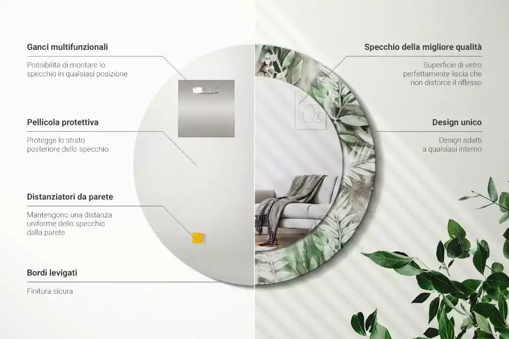 Oglindă rotundă ramă cu imprimeu Frunze acuarelă