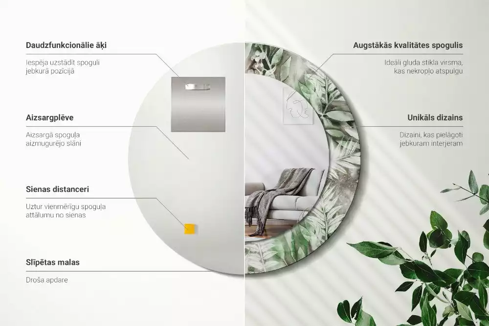 Oglindă rotundă ramă cu imprimeu Frunze acuarelă