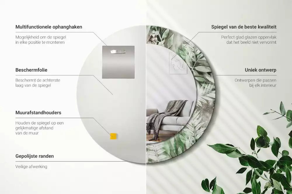 Oglindă rotundă ramă cu imprimeu Frunze acuarelă