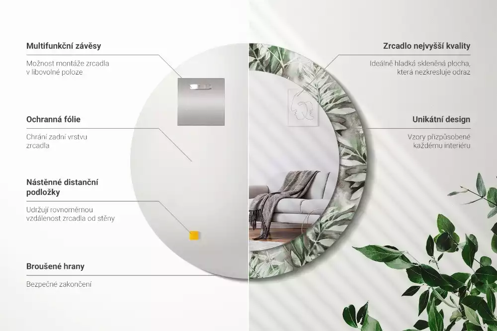 Oglindă rotundă ramă cu imprimeu Frunze acuarelă