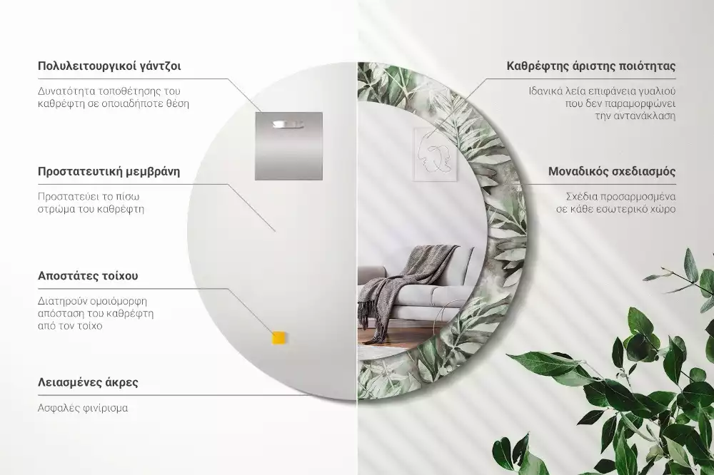 Oglindă rotundă ramă cu imprimeu Frunze acuarelă