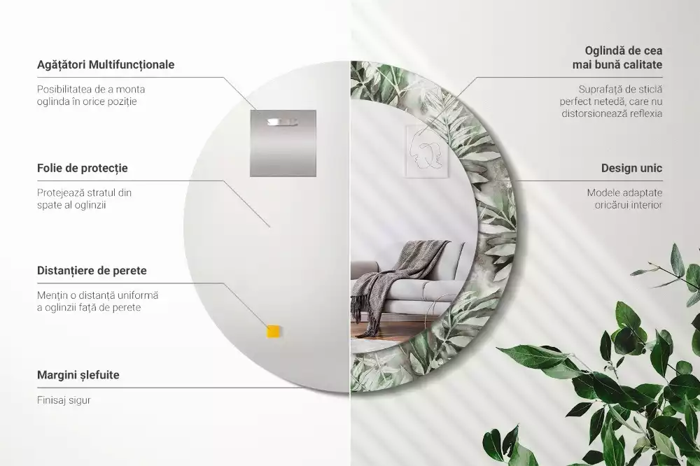 Oglindă rotundă ramă cu imprimeu Frunze acuarelă