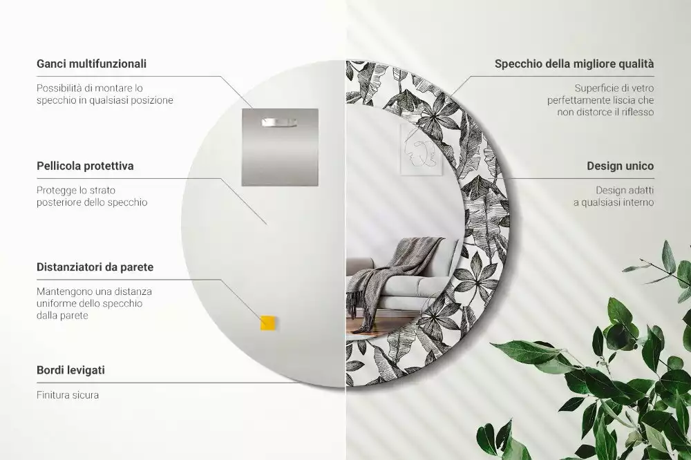 Oglindă rotundă ramă cu imprimeu Frunze tropicale