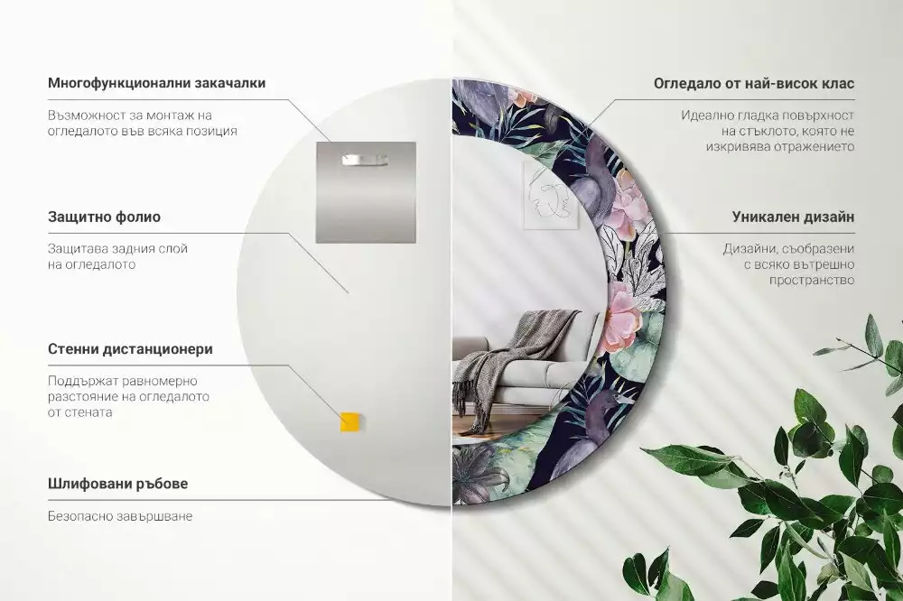 Oglindă rotundă ramă cu imprimeu Stârci păsări