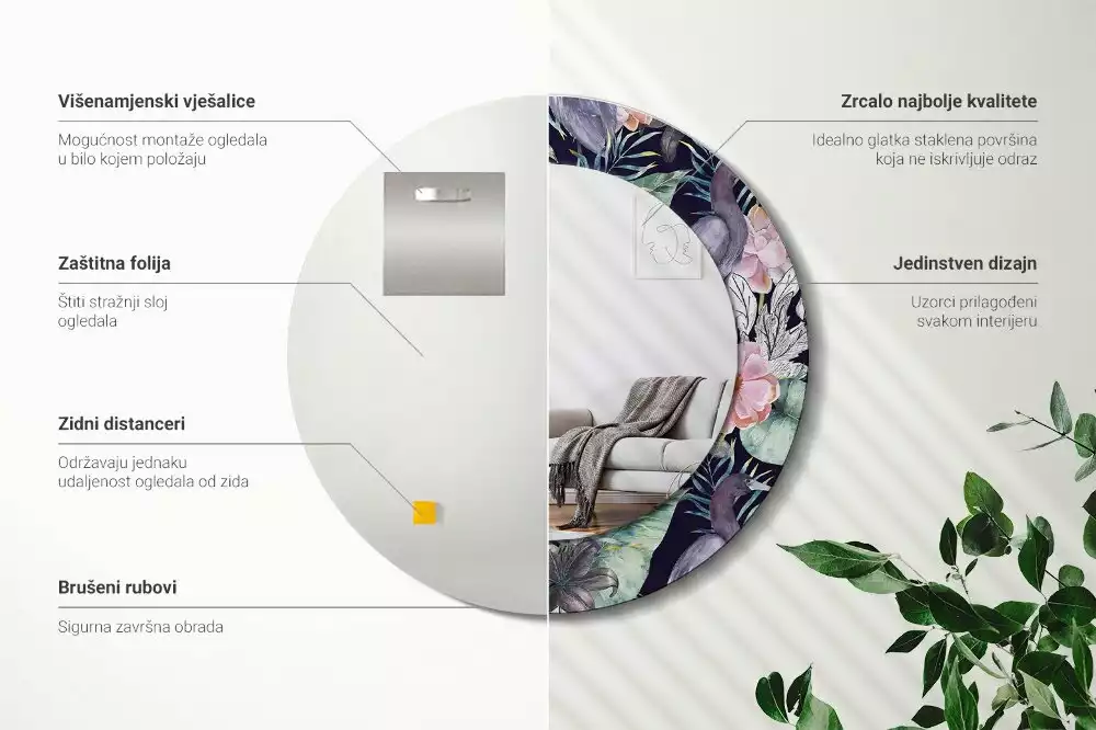 Oglindă rotundă ramă cu imprimeu Stârci păsări