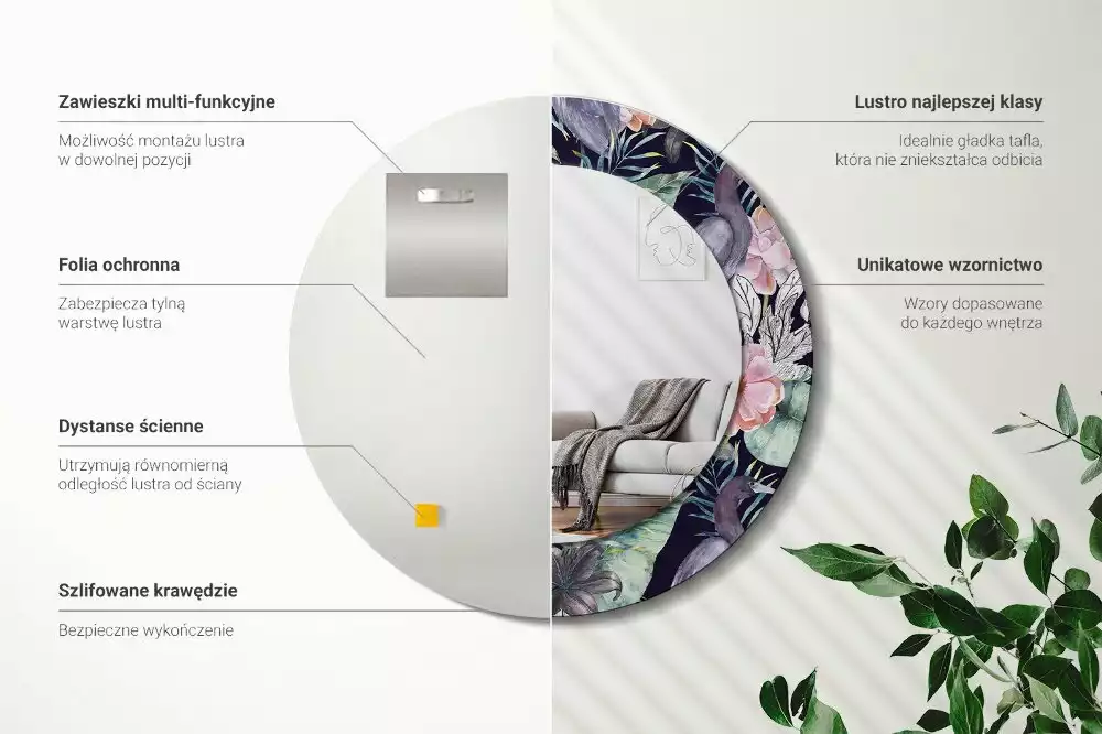 Oglindă rotundă ramă cu imprimeu Stârci păsări