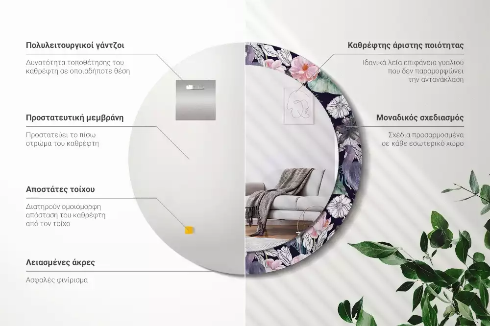 Oglindă rotundă ramă cu imprimeu Stârci păsări