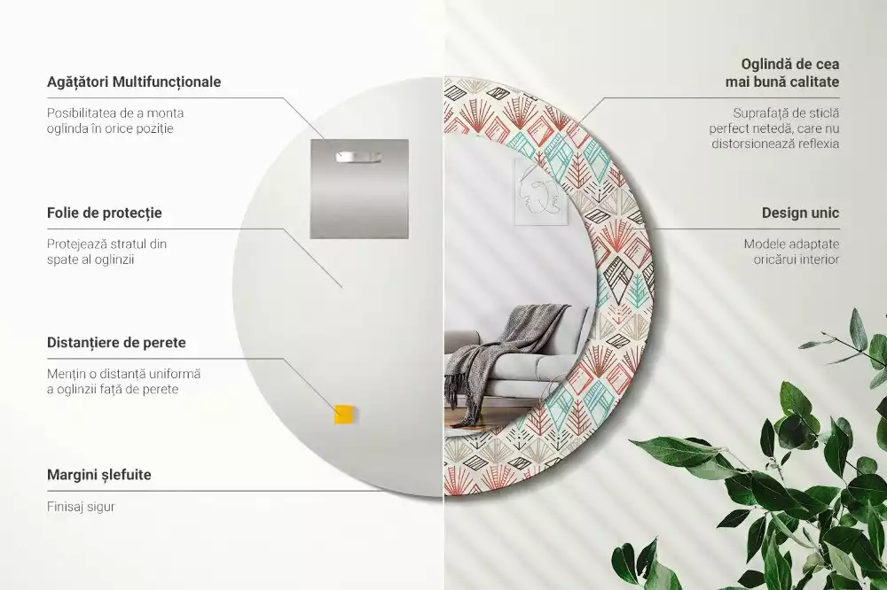 Oglindă rotundă ramă cu imprimeu Model etnic