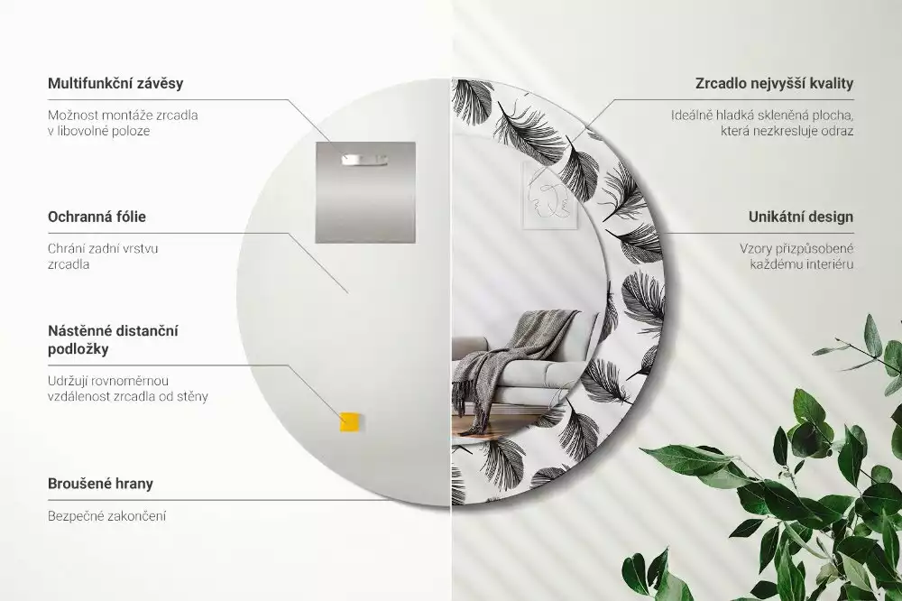 Oglindă rotundă imprimată Pene