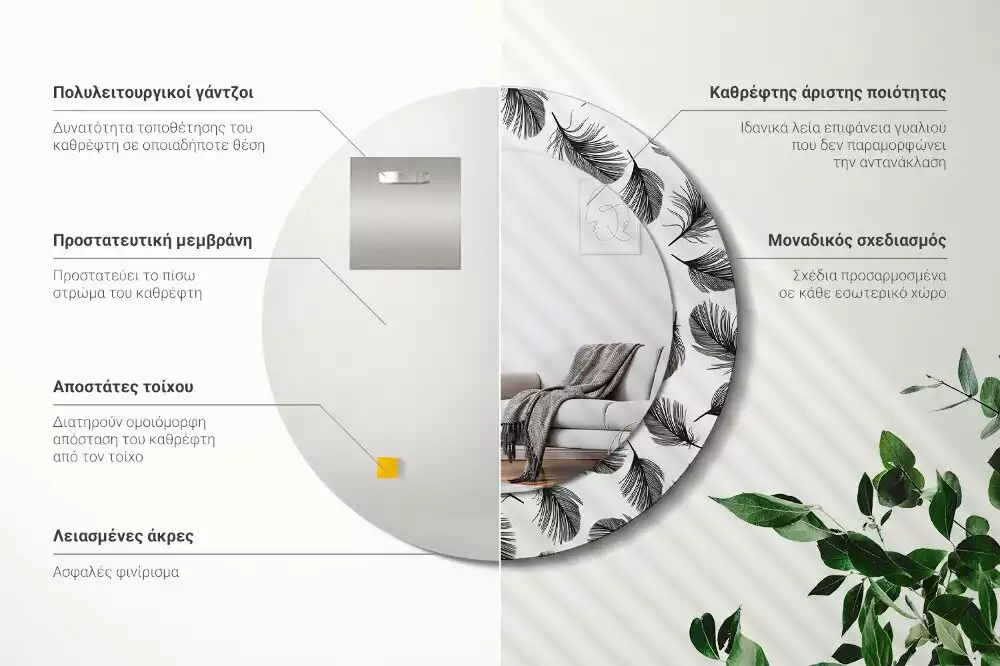 Oglindă rotundă imprimată Pene