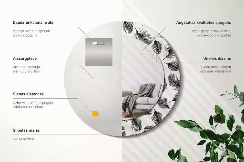 Oglindă rotundă imprimată Pene