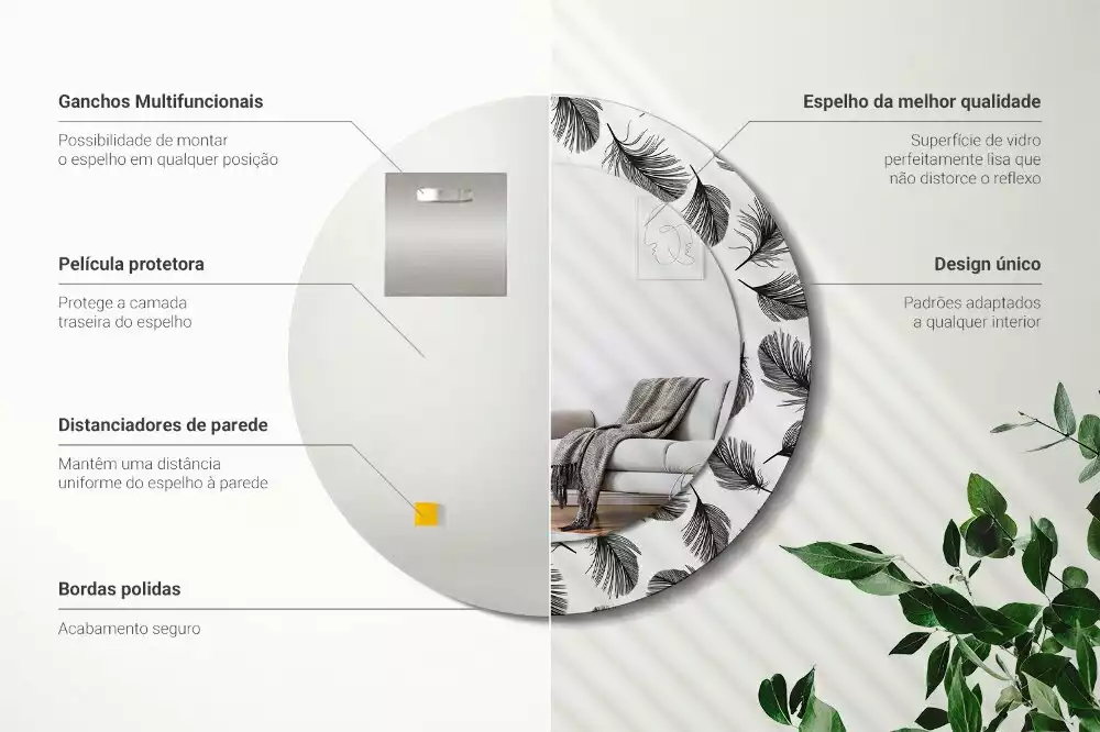 Oglindă rotundă imprimată Pene