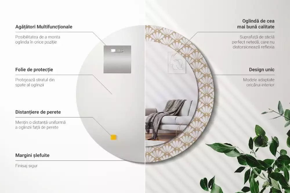 Oglindă rotundă imprimată Floare orientală